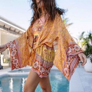Leaves Of Grass Garden Kimono In Orange Rust Bloom